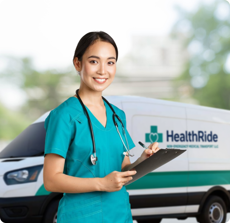 Smiling nurse beside HealthRide vehicle